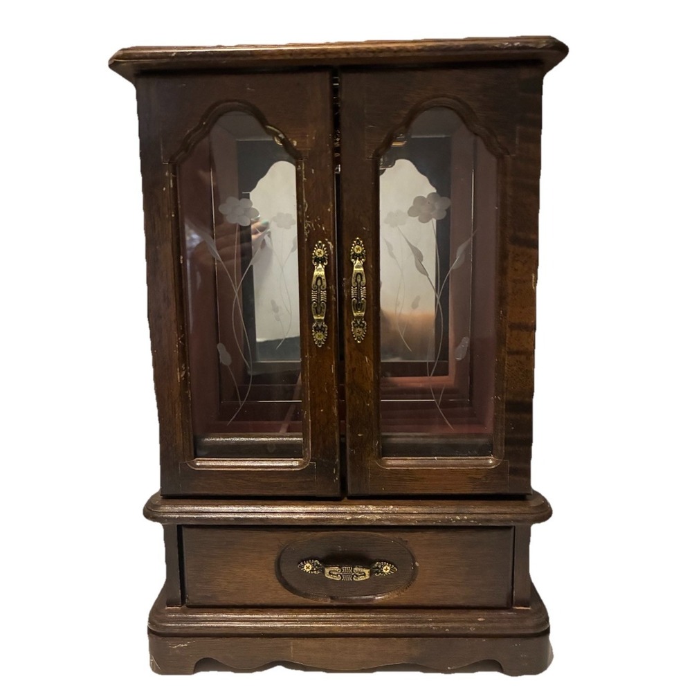 Vintage Jewelry Box Armoire Wood‎ Etched Glass Carousel Mirror Music Box 13x9x5"